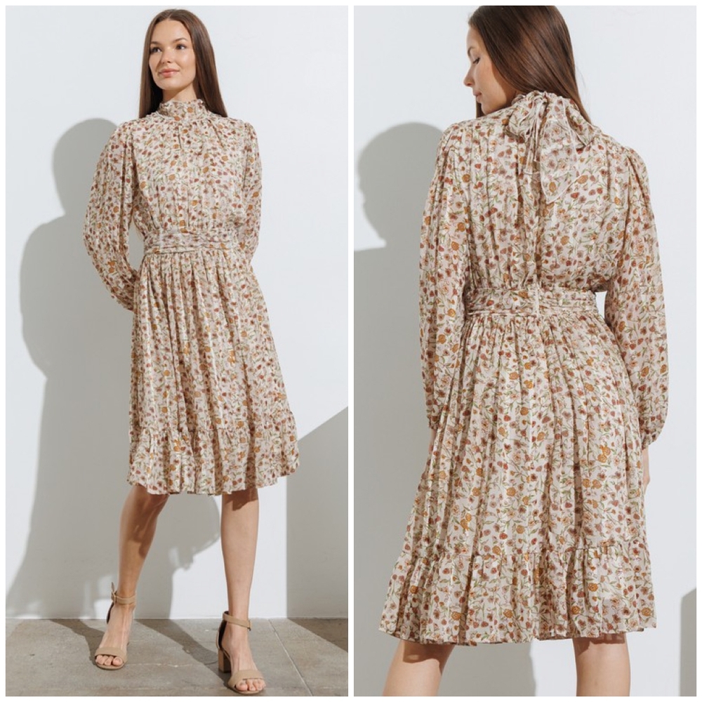POLAGRAM Beige Floral Long Sleeves Mock Neck Midi Dress - Picture 4 of 5